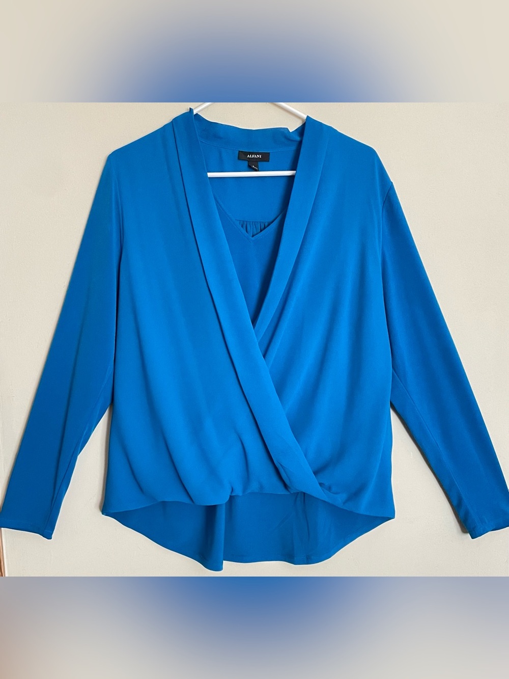 Alfani Blue Long Sleeve Draped Crossover Front Blouse